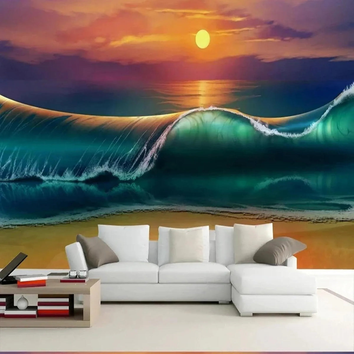 Fototapete, Wohnzimmergestaltung, TV-Hintergrund, Sonnenuntergang, Wellen, Strandlandschaft, Schlafzimmer, Wandtapeten