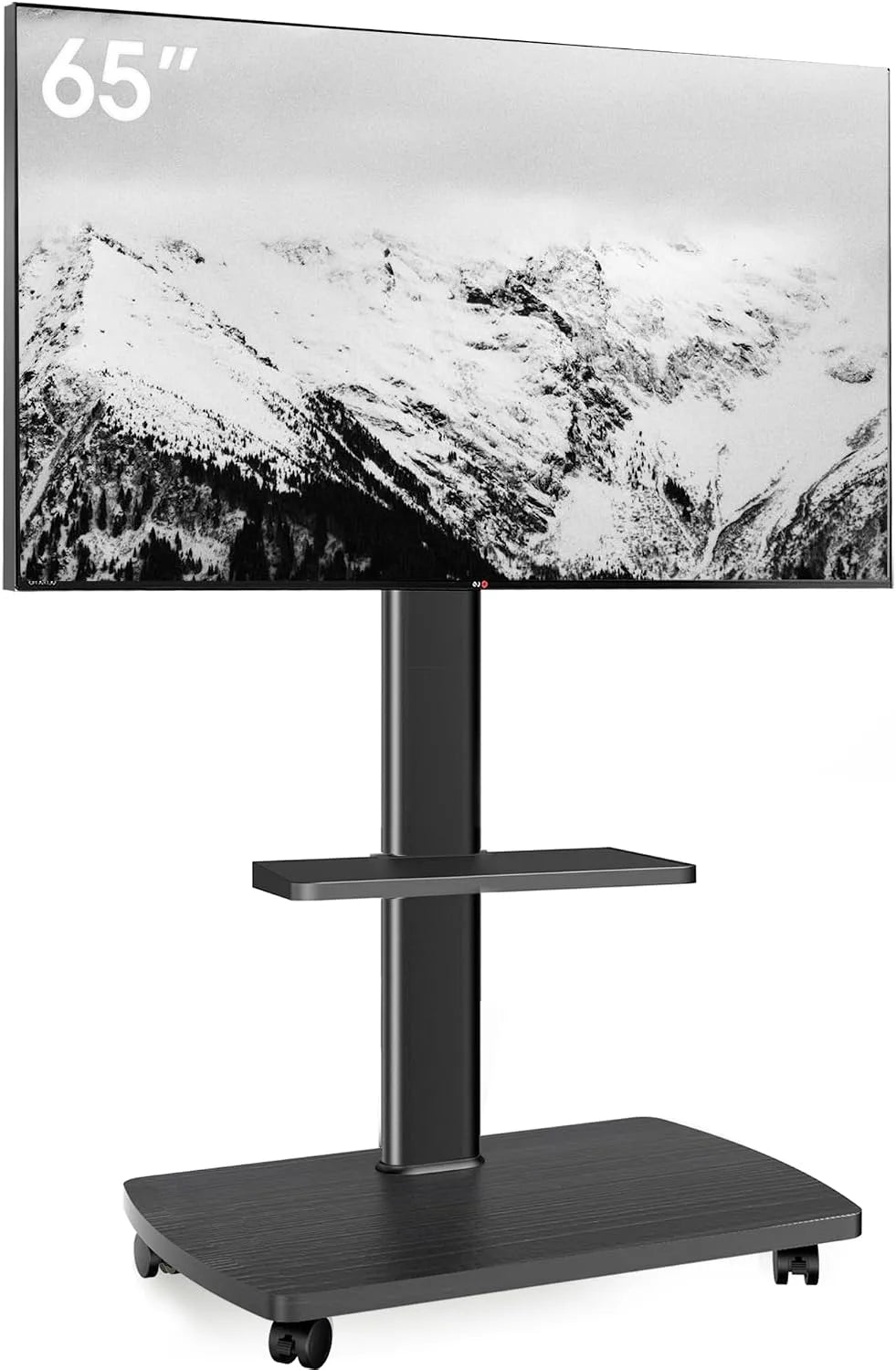 TV-Möbel, 65 Zoll, 400x400mm, Transportrollen, Schwarz, bis 40 kg Max, AOKCOS TV Ständer Rollbar mit Holzablage Regal, TV Bodenständer
