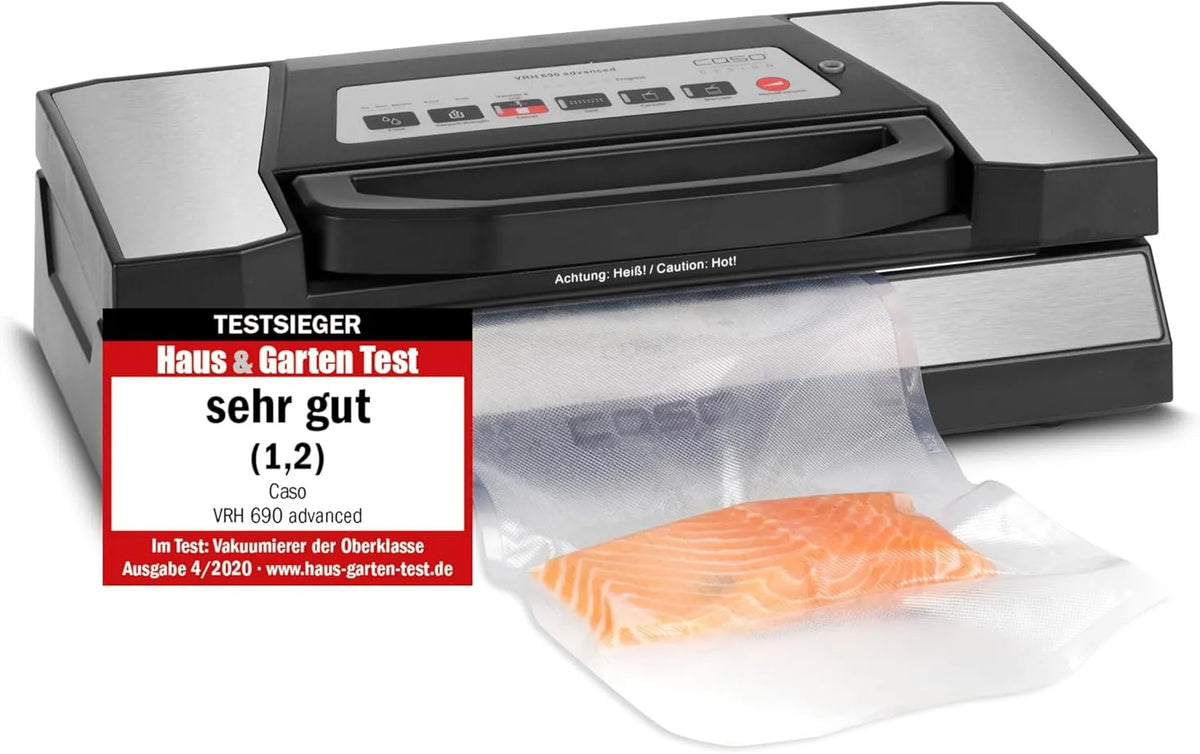 Caso Profi‐Vakuumierer, VRH 690 advanced, 150 Nonstop‐Vorgänge, 20 L/min, doppelte Schweißnaht, Cutter & Rollenfach, inkl. Folienrollen