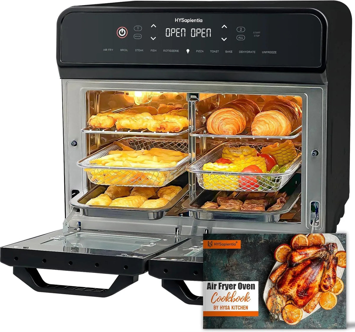 Backofen, 22 L, Touch-Bedienung, Edelstahl, LED-Touchscreen, 10 Programmen, Heissluftfritteuse Dual Zone airfryer Oven, Rotisserie, Zwei Kochmodi mit